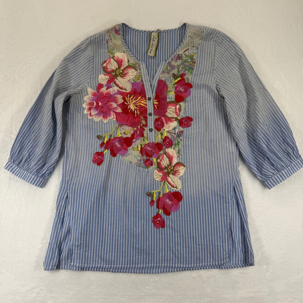 Aratta Silent Journey Blue Stripe Embroidered Floral Tunic Blouse Size M READ